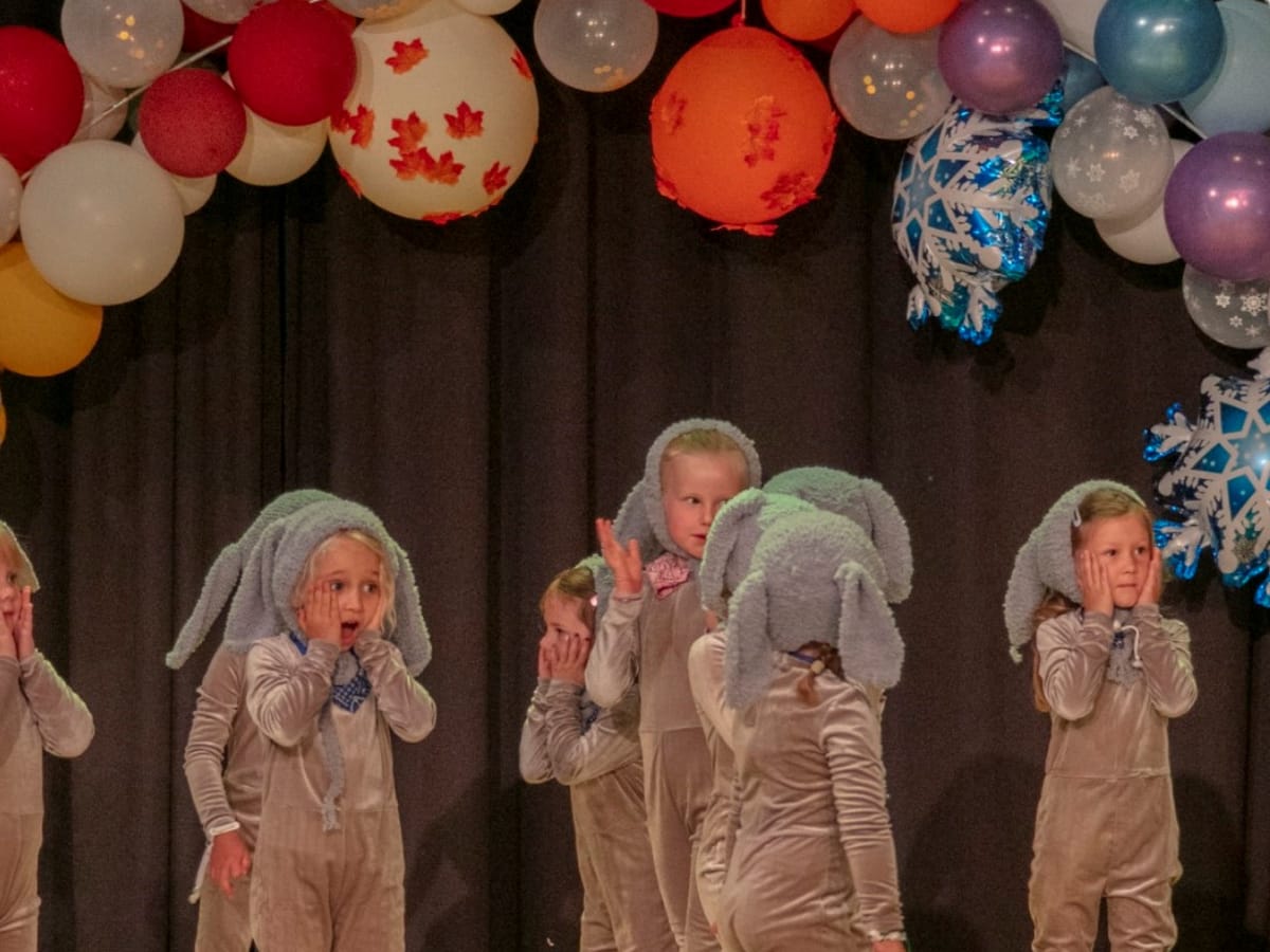 Kreativer Kindertanz: Kinder in Elefantenkostümen auf der Bühne
