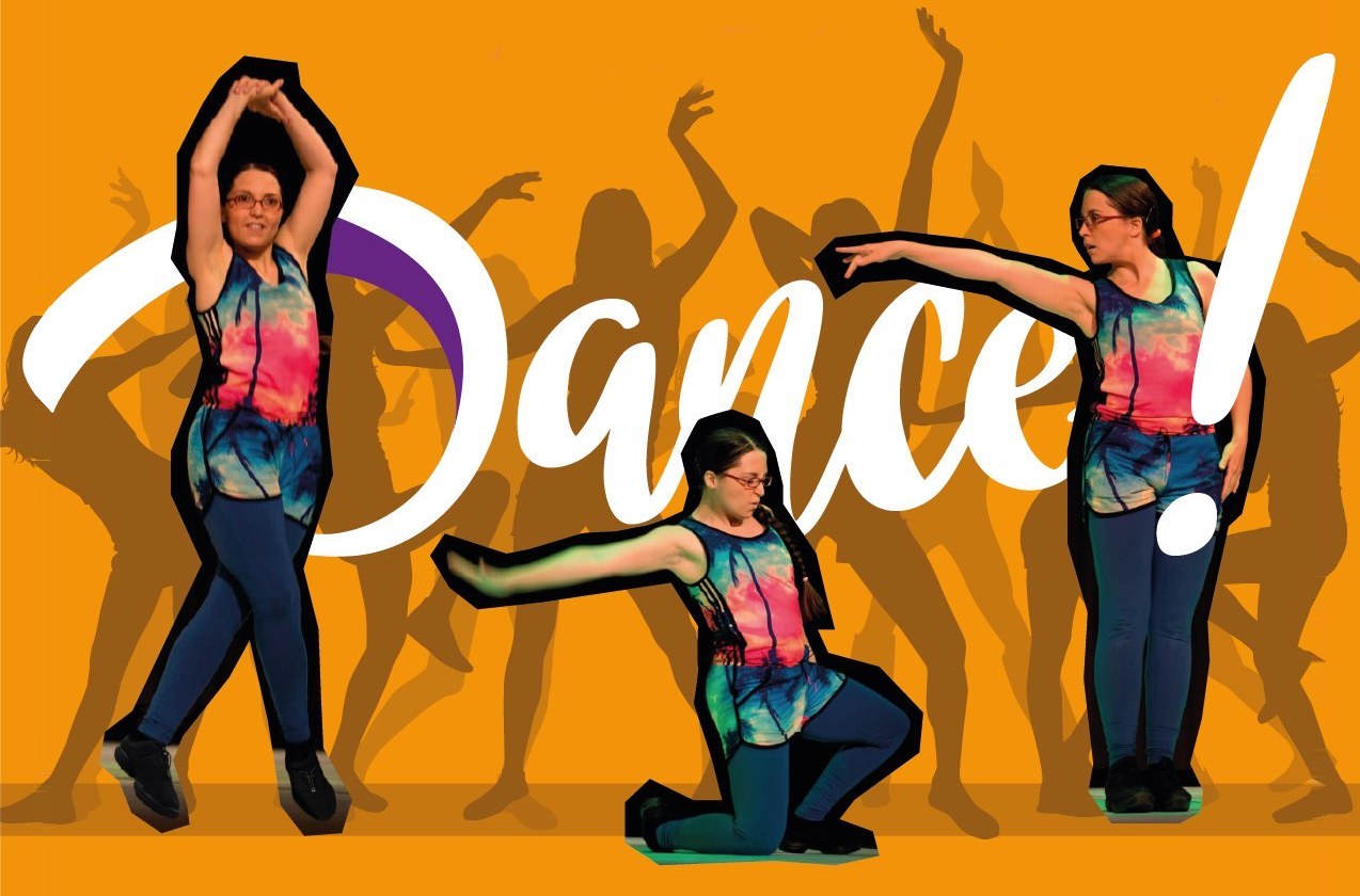 Hannah Hofmann in drei Tanzposen vor Tänzer-Silhouetten, darüber der Schriftzug „Dance!“