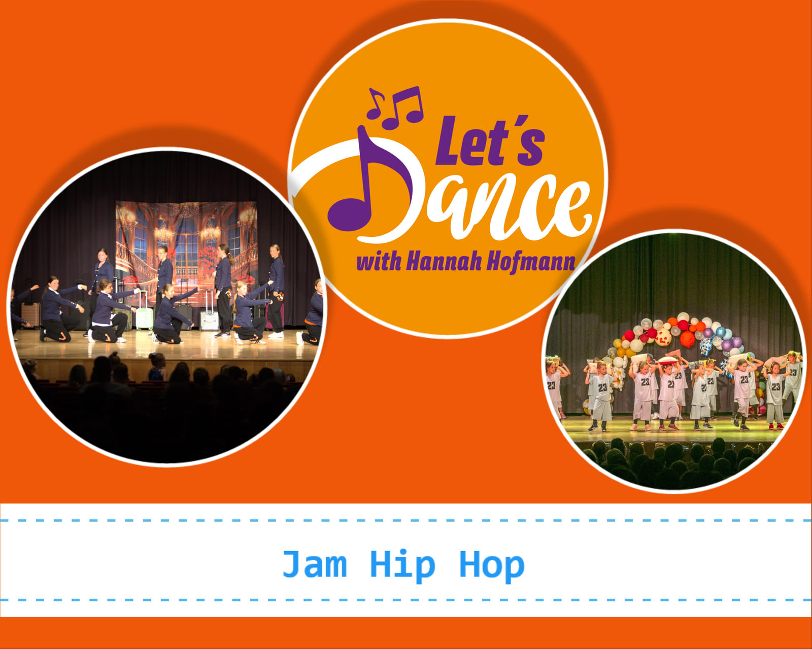 Jam HIPHOP: Gruppen bei HipHop-Choreografien auf der Bühne, daneben das Logo des Tanzstudios