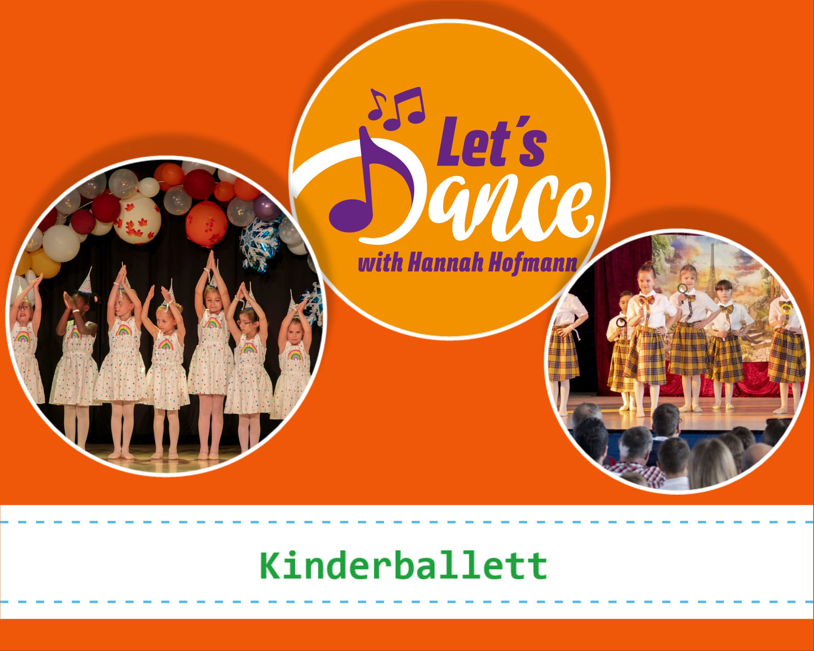 Kinderballett: kleine Ballerinas in weißen Kleidern auf der Bühne, daneben das Logo des Tanzstudios
