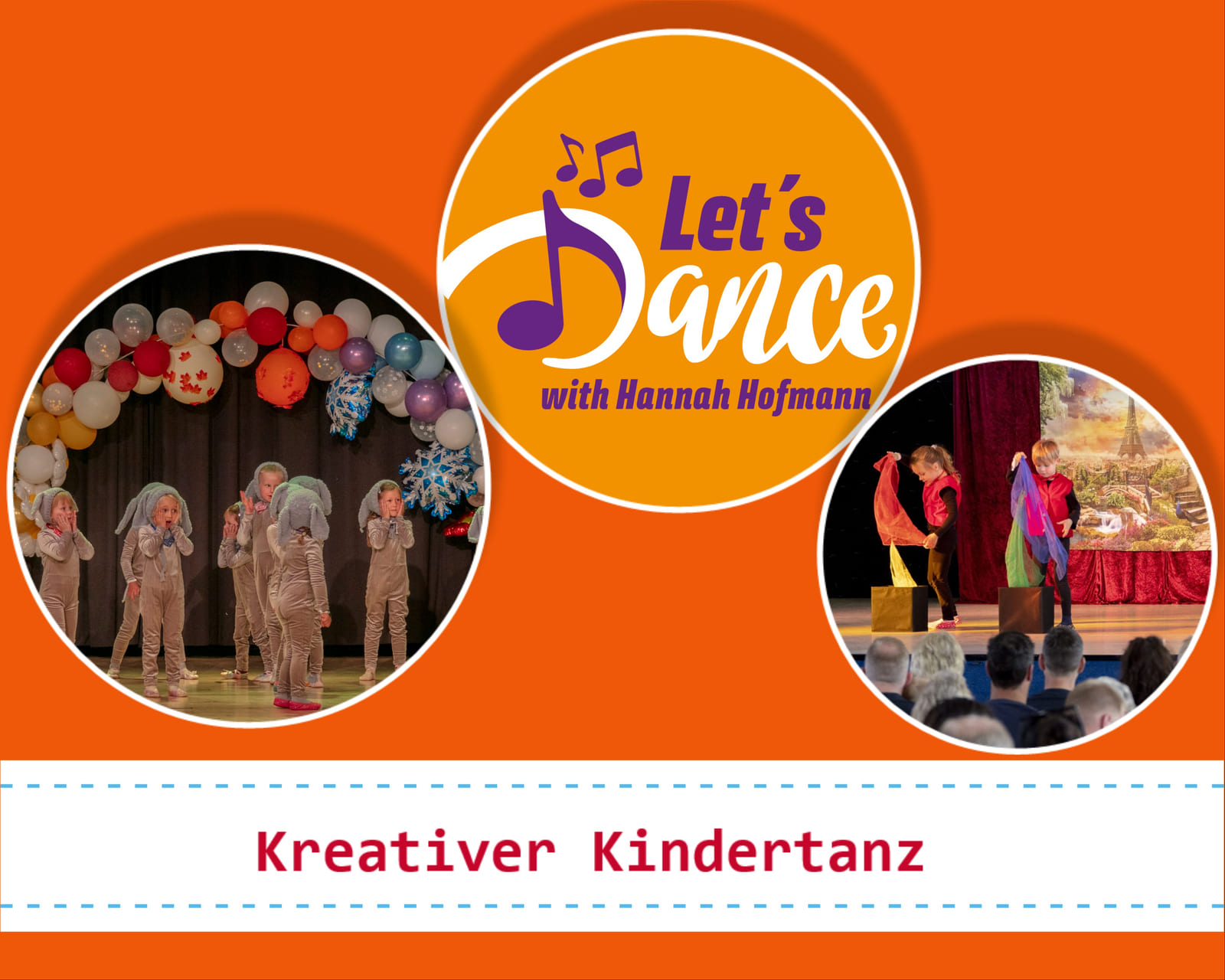 Kreativer Kindertanz: Kinder in Kostümen bei einem Bühnenauftritt, daneben das Logo des Tanzstudios